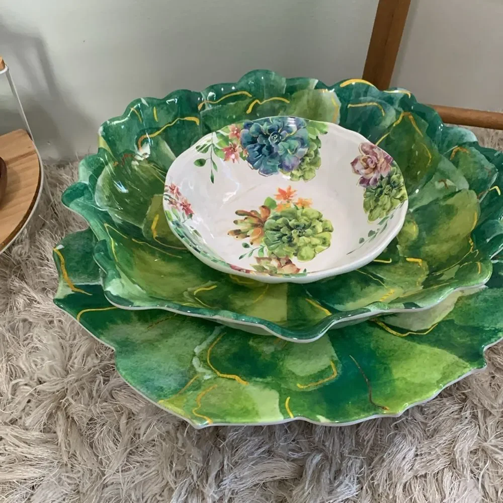 Pier 1‎ Imports Green Succulent Cactus Melamine Serving Bowl, Tray & Small Bowl